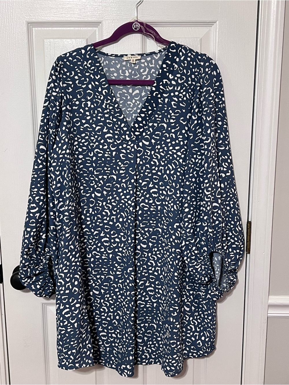 Jodifl Blue Leopard Print Mini Dress Medium V-Neck Balloon Sleeve Boutique Dress